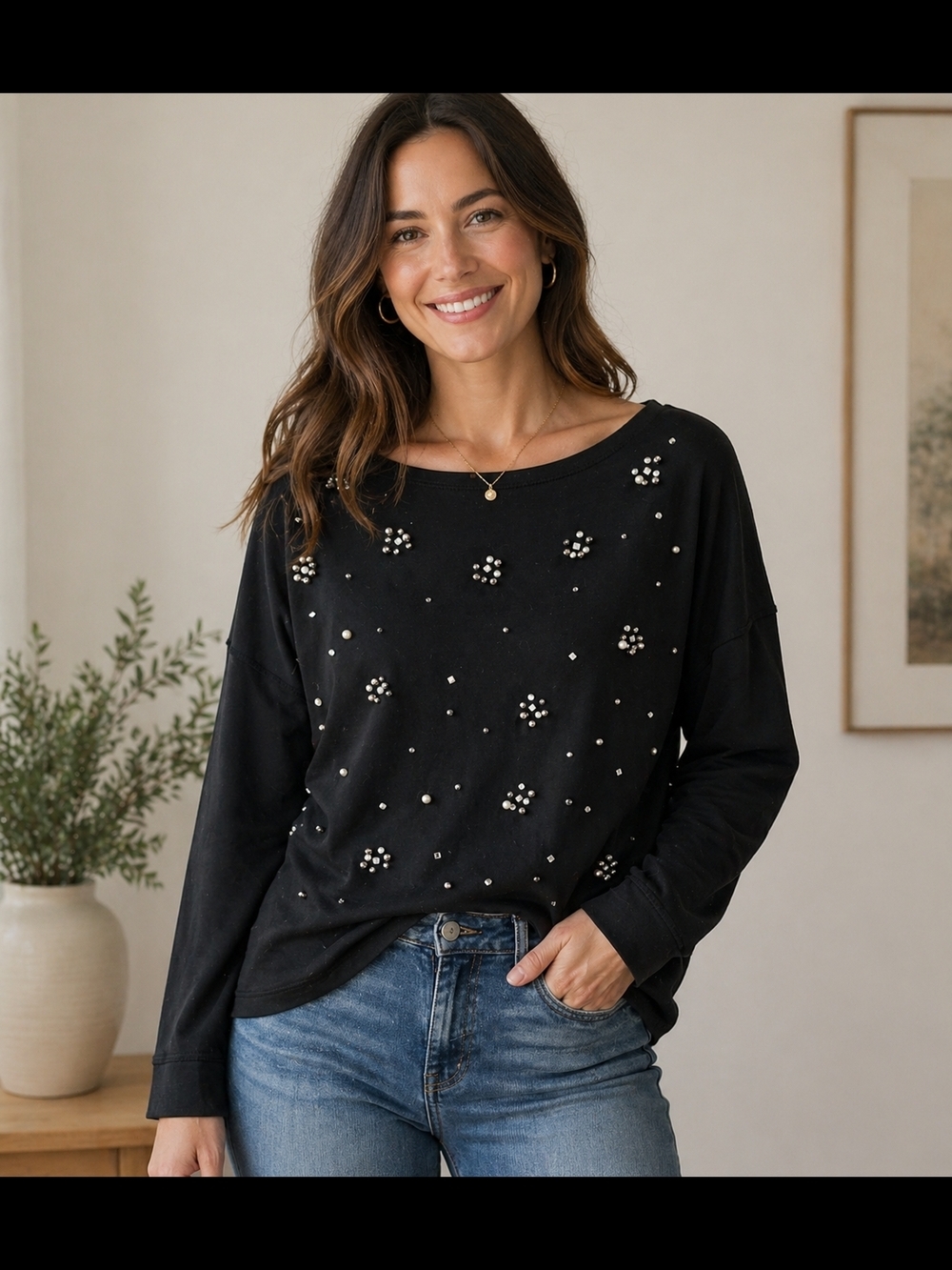 2/$20 Femme Fatale Black Embellished Long Sleeve Top – Pearl & Rhinestone Detail